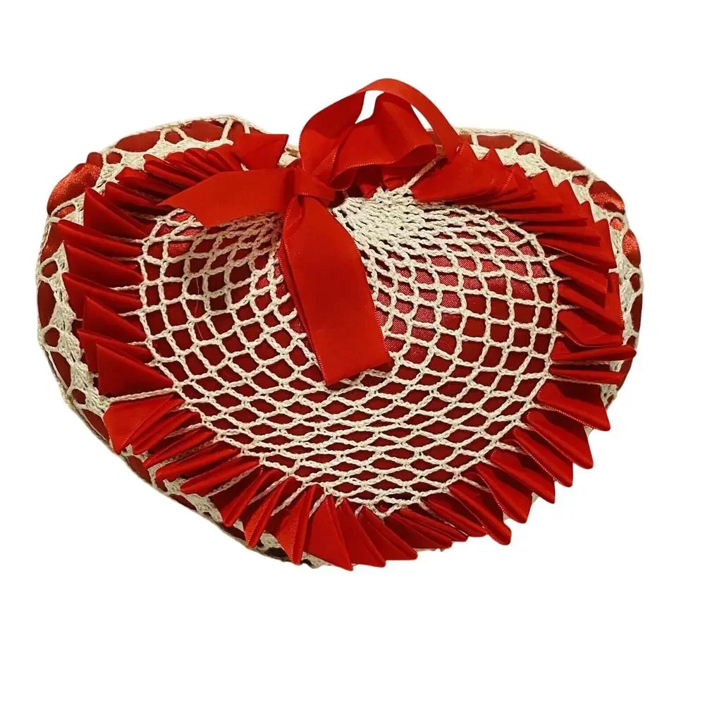 Vintage Heart Shaped Toss Pillow Red Satin Ribbons & White Crochet Caged Romance